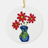Whimsisches Rotes Blume in Blue Vase Keramik Ornament (Vorne)