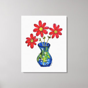 Whimsisches Rotes Blume in Blue Vase Leinwanddruck