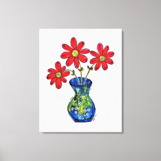 Whimsisches Rotes Blume in Blue Vase Leinwanddruck (Vorderseite)