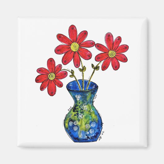 Whimsisches Rotes Blume in Blue Vase Magnet (Vorne)