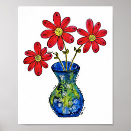 Whimsisches Rotes Blume in Blue Vase Poster