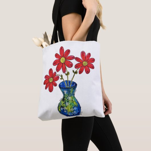 Whimsisches Rotes Blume in Blue Vase Tasche (Von Nahem)