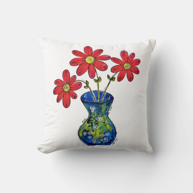 Whimsisches Rotes Blume in Blue Vase Throw Kissen (Vorderseite)