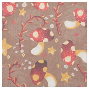 Whimsisches Rotes Pilz und Gelbe Stars auf Braun Stoff