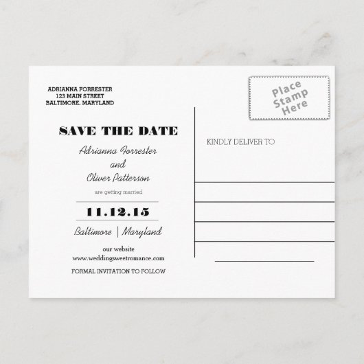 Whimsisches Save the Date Typografie-Foto Ankündigungspostkarte (Rückseite)