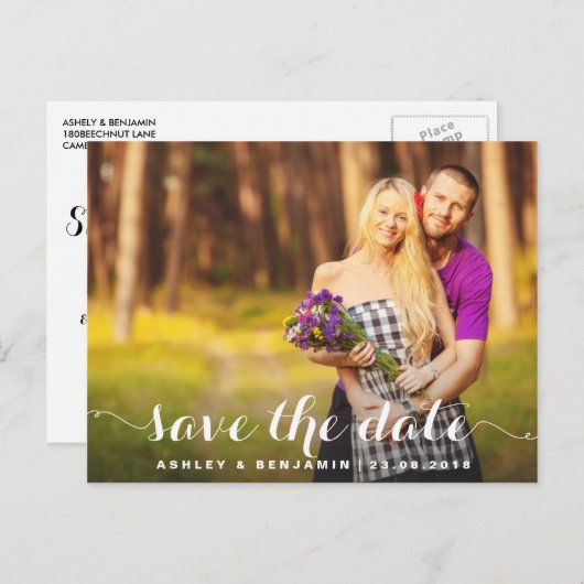 Whimsisches Script-Foto Save the Date Postkarte (Vorne/Hinten)
