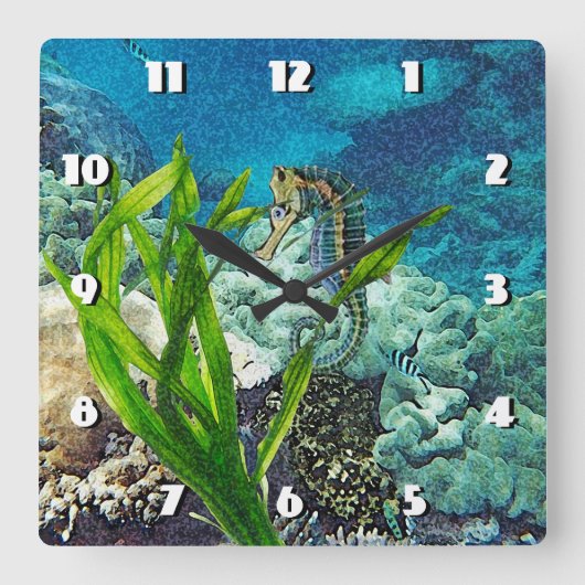 Whimsisches Seepferd Quadratische Wanduhr (Vorderseite)