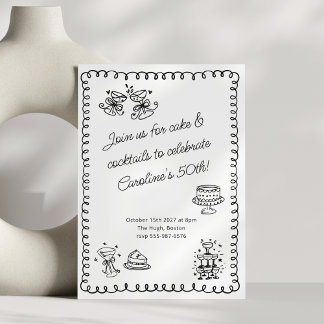 Whimsisches Sketch Doodle Cake Cocktails Geburtsta Einladung