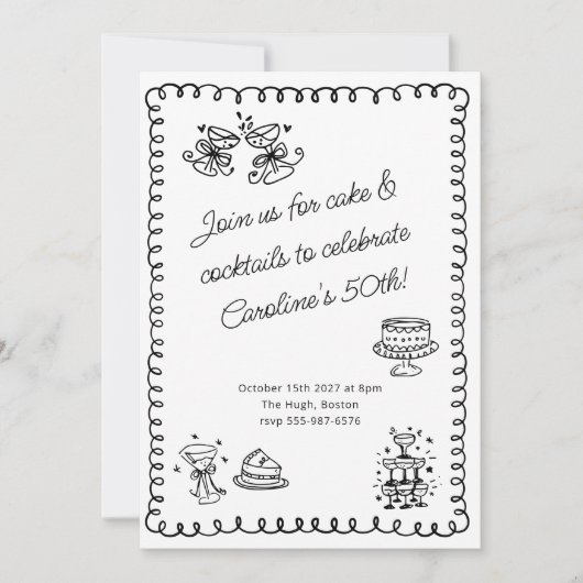 Whimsisches Sketch Doodle Cake Cocktails Geburtsta Einladung (Vorderseite)
