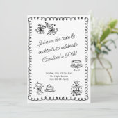 Whimsisches Sketch Doodle Cake Cocktails Geburtsta Einladung (Stehend Vorderseite)