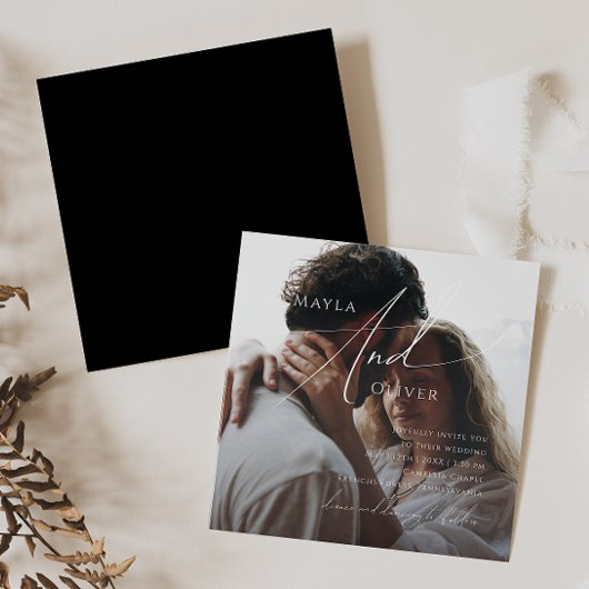 Whimsisches Skript | Black Square Foto Wedding Einladung