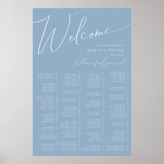 Whimsisches Skript | Dusty Blue Alphabetic Seating Poster (Vorne)