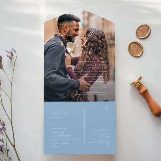 Whimsisches Skript | Dusty Blue Foto Siegel und Se All In One Einladung