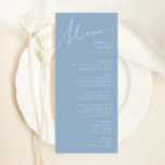 Whimsisches Skript | Dusty Blue Wedding Dinner Menükarte<br><div class="desc">Einführung in unser atemberaubendes whimsical-Skript | Dusty Blue Dinner Menü perfekt für Ihre einfache moderne boho Frühlingsfeier. Unser elegantes Design umfasst eine lebendige, helle, pastellfarbene Farbpalette mit einem Vintagen, schicken Kalligraphieskript. Ob Sie einen minimalistischen oder klassischen Stil bevorzugen, unser einzigartiges, bearbeitbares Produkt bietet Luxus und Eleganz, perfekt um eine stilvolle...</div>