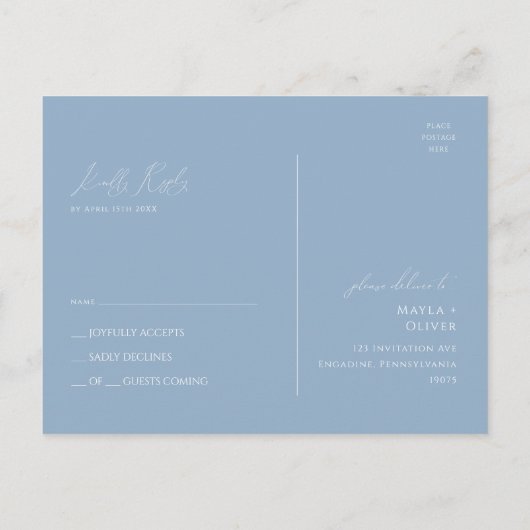 Whimsisches Skript | Dusty Blue Wedding RSVP Postkarte (Rückseite)