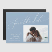 Whimsisches Skript | Horizontal Save the Date blau Magneteinladung (Vorne/Hinten)