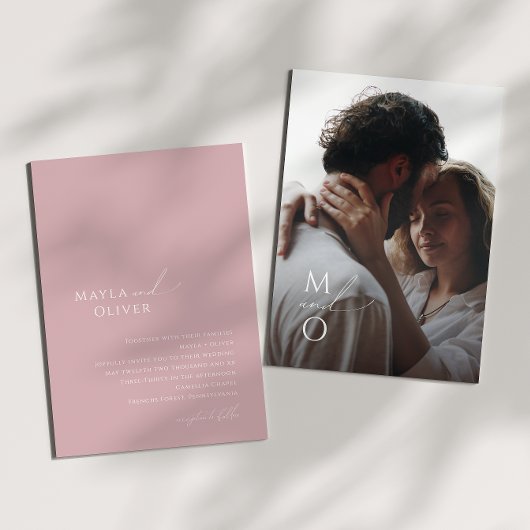 Whimsisches Skript | Rose Monogram Foto Wedding Einladung