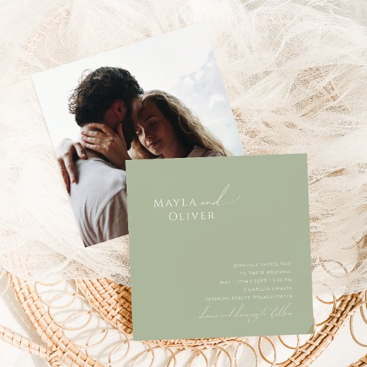 Whimsisches Skript | Sage Green Foto Square Weddin Einladung