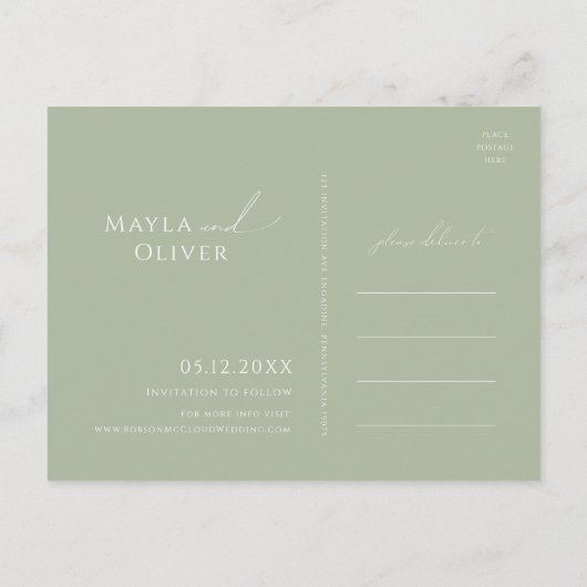 Whimsisches Skript | Sage Green Save the Date Einladungspostkarte (Rückseite)