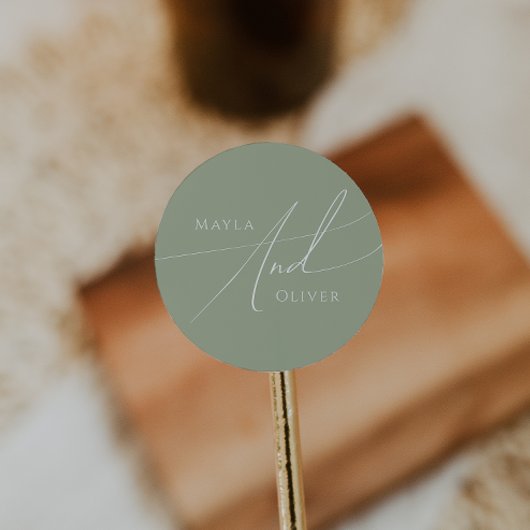 Whimsisches Skript | Sage Green Wedding Runder Aufkleber
