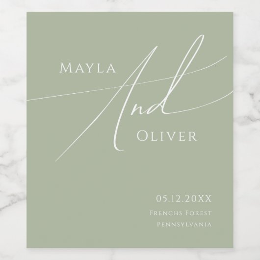 Whimsisches Skript | Sage Green Wedding Weinetikett (Einzelnes Label)
