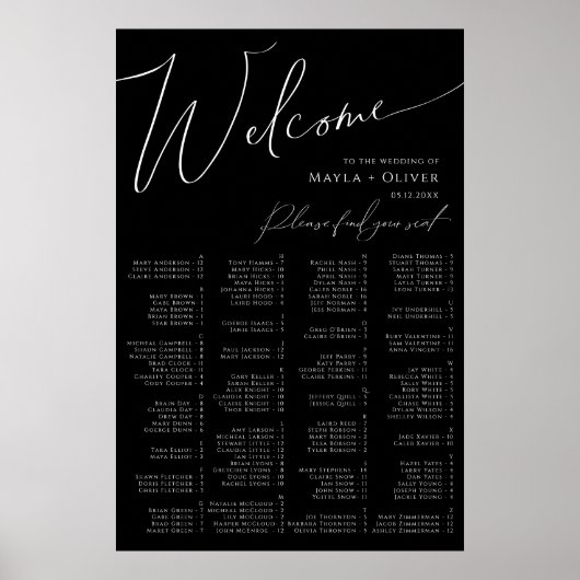 Whimsisches Skript | Schwarze Alphabetische Sitzpl Poster (Vorne)