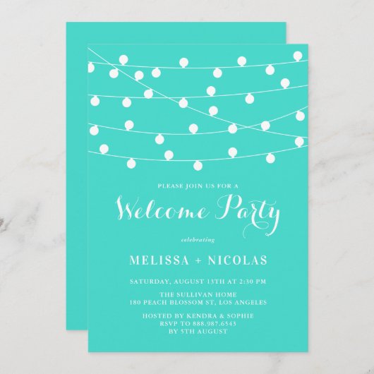 Whimsisches String Lights Türkis Willkommenes Part Einladung (Vorne/Hinten)