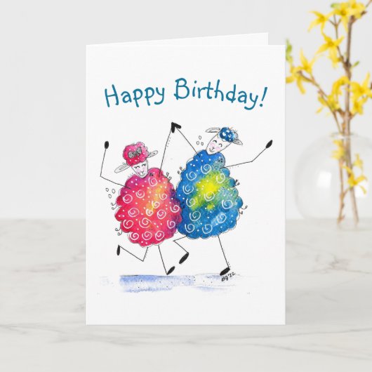 Whimsisches Tanzschaf Karte (Gelbe Blume)