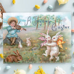 Whimsisches Vintages Tanzen OsterBunnies Postkarte<br><div class="desc">Whimsikale Vintage Osterdarstellung mit Kinderspiel fiddle,  während weiße Hackenbugen auf einer grasbewachsenen Wiese mit A Joyous Oaster Message tanzen.</div>
