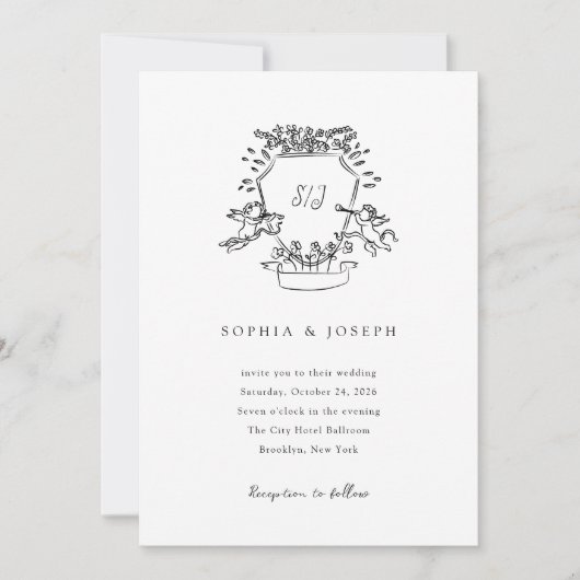 Whimsisches Wappen | Schwarz-Weiß-Hochzeit in Mono Einladung (Vorderseite)