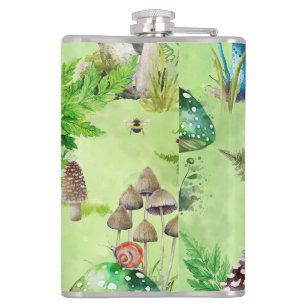Whimsisches Wasserfarben Pilzgarten Flachmann