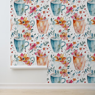 Whimsisches Wasserfarbenkaffee Cups und Blume Tapete