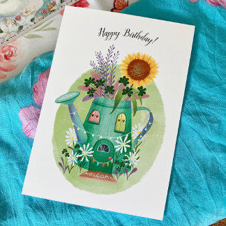 Whimsisches Wasserkocher und Sonnenblumenkarte zum Karte