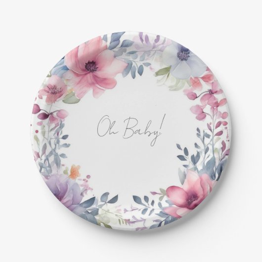 Whimsisches Watercolor Floral Baby Shower Oh Baby Pappteller (Vorderseite)