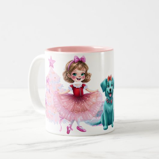 Whimsisches Weihnachtsballett mit Puppy Cheer Zweifarbige Tasse (Vorderseite Links)