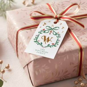 Whimsisches Weihnachtscreme Monogram Wappen Bow Geschenkanhänger