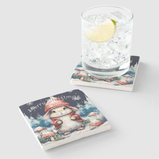 Whimsisches Weihnachtsfest Bunny Personalisiert Steinuntersetzer (Seitenansicht)