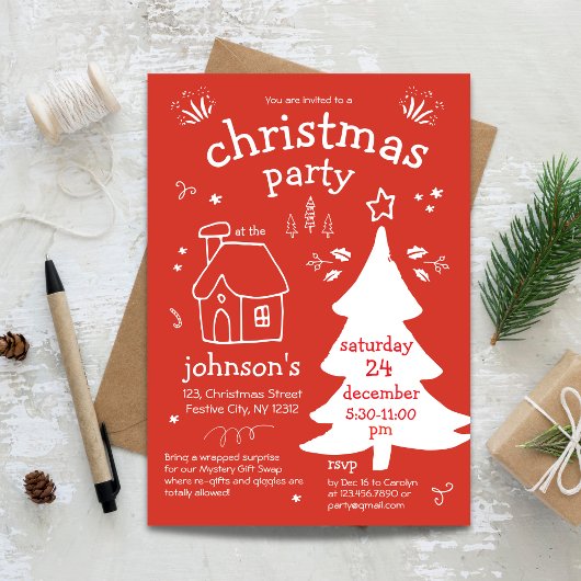 Whimsisches Weihnachtsfest mit Bäumen und Hütte In Einladung