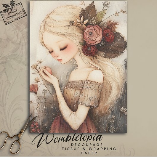 Whimsisches Weihnachtsmädchen mit floraler Dekoupa Seidenpapier