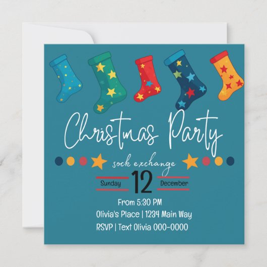 Whimsisches Weihnachtssock-Exchange-Party in Blue Einladung (Vorderseite)