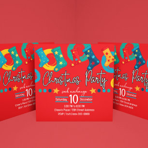 Whimsisches Weihnachtssock-Exchange-Party in Rot Einladung