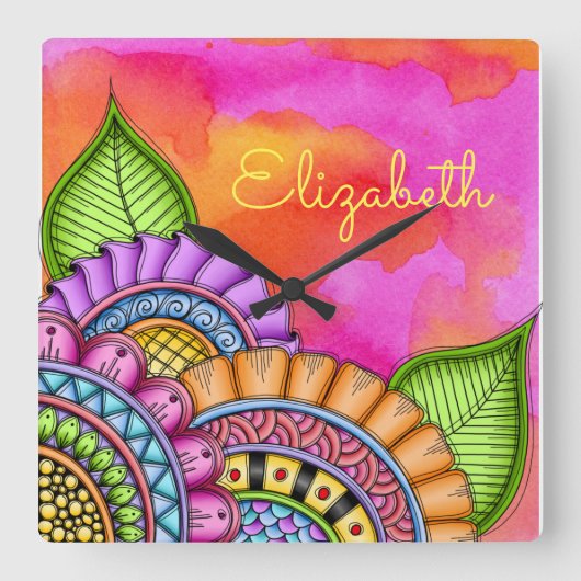 Whimsisfarben Moderne Wasserfarbe Quadratische Wanduhr (Vorderseite)