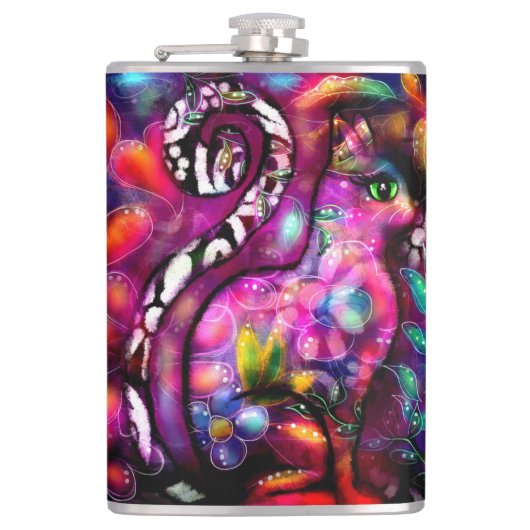 Whimsisisches Abstrakt Kitty Cat Floral Rot Rosa Flachmann (Vorderseite)