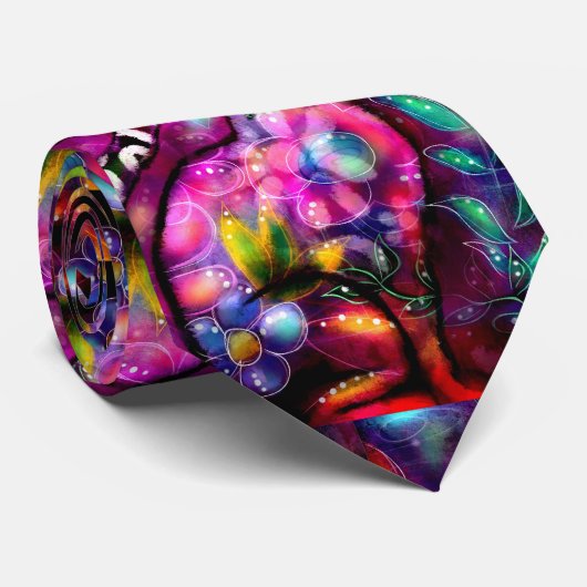 Whimsisisches Abstrakt Kitty Cat Floral Rot Rosa Krawatte (Gerollt)