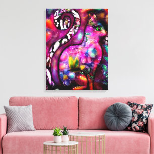 Whimsisisches Abstrakt Kitty Cat Floral Rot Rosa Leinwanddruck