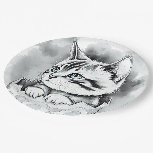 whimsisisches Osterkätzchen in floraler Eggshell Pappteller (Schrägansicht)