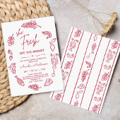 Whimsisisches Rot Gezeichnet Bauer Market Brautpar Einladung