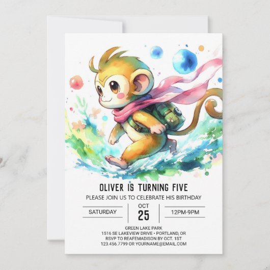 Whimsistisch bearbeitbarer Affe Geburtstag Einladung (Vorderseite)