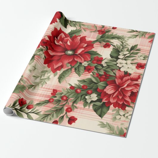 Whimsistisch Moderne Rot & Grün Weihnachtsblumen Geschenkpapier (Ungerollt)