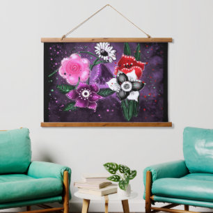 Whimsistische Blume Lila Schwarz-weiße Blütenfarbe Wandteppich Mit Holzrahmen